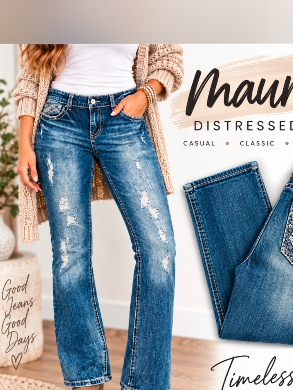 Maurices 9/10 Short Distressed Bootcut Jeans Acid Wash Stretch Denim